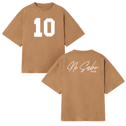 Brown t-shirt with number 10 on front and 'No Sabo' text on back