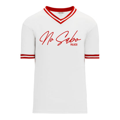 White shirt with red accents and 'No Sabo Palacio' text on a white background